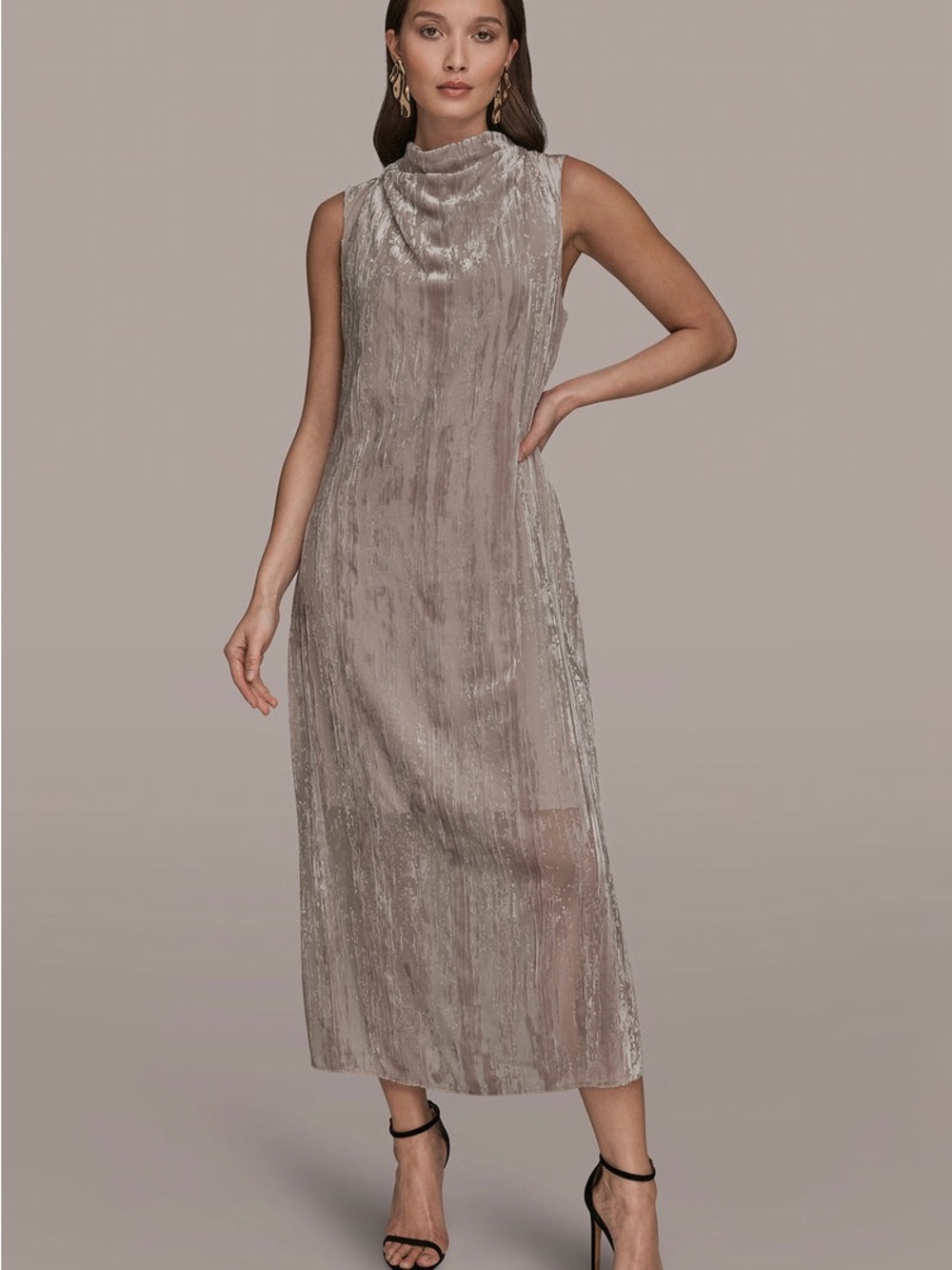 Donna Karan Taupe Crushed Velvet High-Neck Maxi Dress